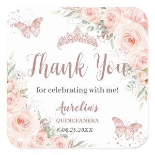 Quinceanera Blush Floral Rose Gold Butterflies Square Sticker