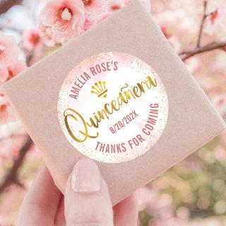 Quinceañera Blush Pink Watercolor Gold Foil Girly Classic Round Sticker