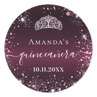 Quinceanera burgundy pink tiara name script classic round sticker