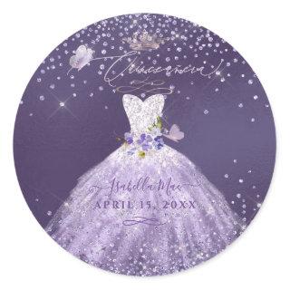 Quinceanera Dusty Purple Silver Glitter Gown Classic Round Sticker