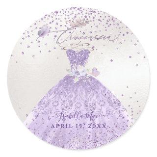Quinceanera Dusty Purple Silver Glitter Gown Classic Round Sticker