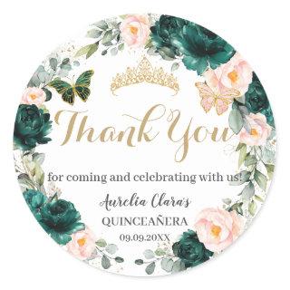 Quinceañera Emerald Green Blush Floral Birthday Classic Round Sticker