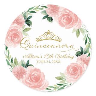 Quinceanera Gold Tiara Blush Pink Floral Classic R Classic Round Sticker