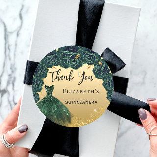 Quinceanera green gold dress Thank You Classic Round Sticker