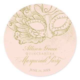 Quinceanera Masquerade Party Gold Pink Classic Round Sticker