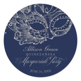 Quinceanera Masquerade Party Silver Blue Classic Round Sticker