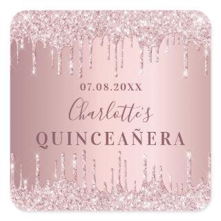 Quinceanera pink dusty rose glitter monogram square sticker