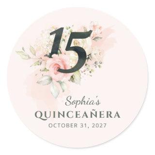Quinceanera Pink Floral Watercolor 15th Birthday Classic Round Sticker