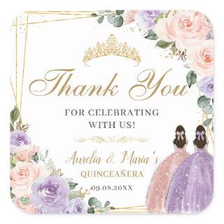 Quinceañera Sweet 16 Lilac Blush Floral Twin Girls Square Sticker