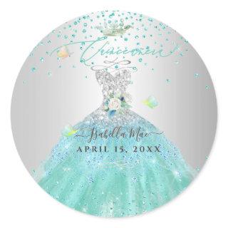 Quinceanera Turquoise Glitter Gown Classic Round Sticker