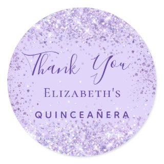 Quinceanera violet glitter name thank you classic round sticker
