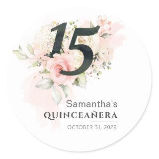 Quinceanera Watercolor Floral 15th Birthday Pink Classic Round Sticker