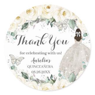 Quinceañera White Floral Princess Butterfly Silver Classic Round Sticker