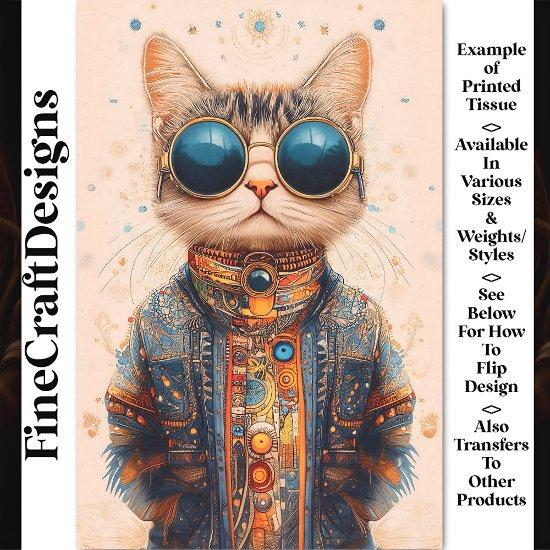 Quirky Fun Cool & Cute Cyberpunk Cat BC5 Decoupage Tissue Paper