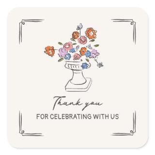 Quirky Hand Drawn Floral Urn Bridal Shower Square Sticker