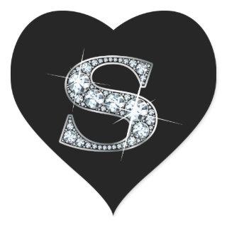 "R" Diamond Bling on Black Heart Sticker
