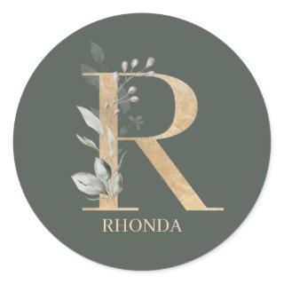 R Monogram Floral Personalized Classic Round Sticker