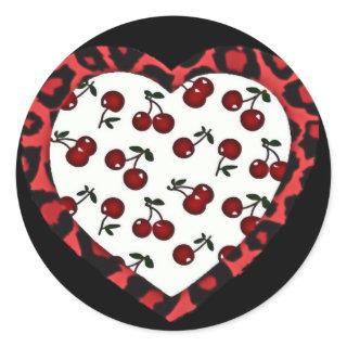 RAB Rockabilly Cherries Leopard Print Heart Classic Round Sticker