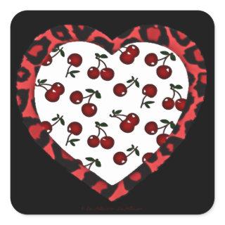 RAB Rockabilly Cherries Leopard Print Heart Square Sticker