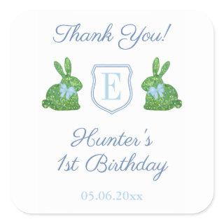 Rabbit Blue Monogram Baby Boy 1st Birthday Favor Square Sticker