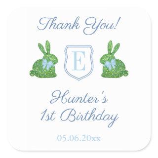 Rabbit Blue Monogram Baby Boy 1st Birthday Favor Square Sticker