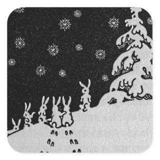Rabbits and Christmas Tree Winter Holiday Art Square Sticker
