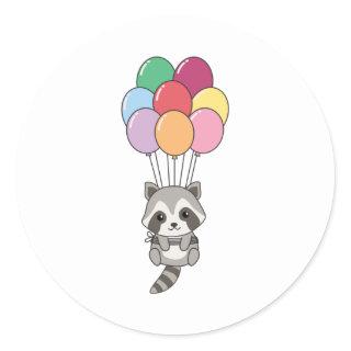 Raccoon Flies Up With Colorful Balloons Classic Round Sticker