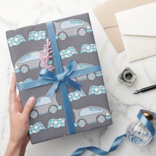 Race Car and Flags Blue Pattern Kids