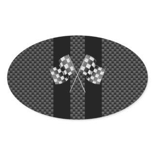 Racing Flags on Black Stripes Carbon Fiber Style Oval Sticker