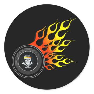 Racing Skull in Flaming Wheel Classic Round Sticker