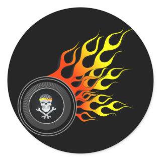 Racing Skull in Flaming Wheel Classic Round Sticker