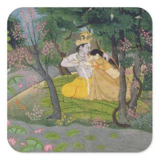 Radha and Krishna embrace in a grove of flowering Square Sticker