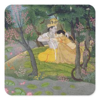 Radha and Krishna embrace in a grove of flowering Square Sticker