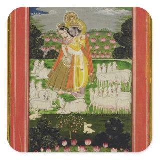 Radha and Krishna embrace in an idealised landscap Square Sticker