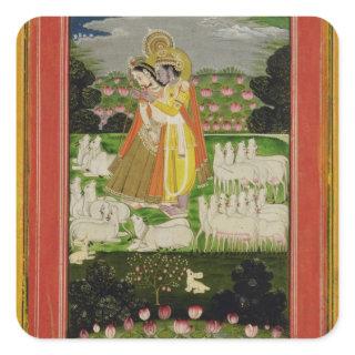 Radha and Krishna embrace in an idealised landscap Square Sticker