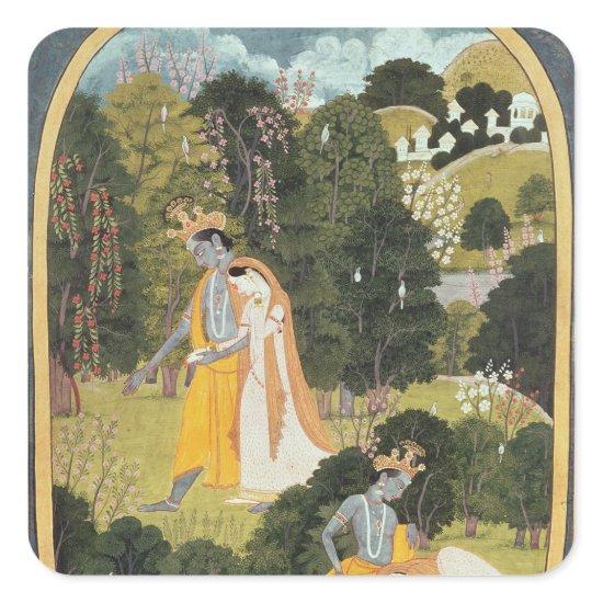 Radha and Krishna walking in a grove Square Sticker