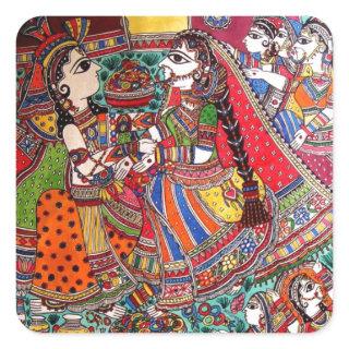 RADHA KRISHNA HINDU GODS MADHUBANI ART STYLE SQUARE STICKER