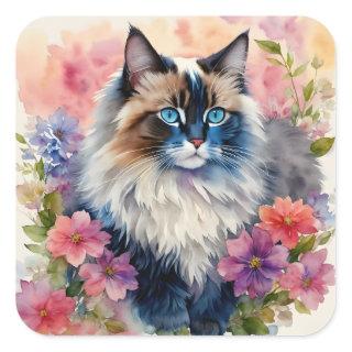 Ragdoll Cat Floral Portrait Art Square Sticker