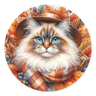 Ragdoll Cat In Autumn Scarf With Fall Leaves Classic Round Sticker