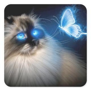 Ragdoll Cat With Blue Neon Butterfly Square Sticker