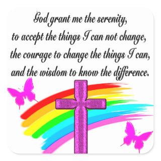 RAINBOW AND CROSS SERENITY PRAYER DESIGN SQUARE STICKER