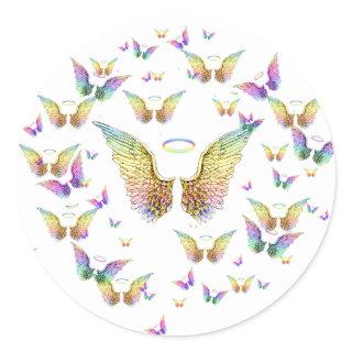 Rainbow Angel Wings and Halos Classic Round Sticker