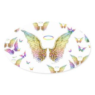 Rainbow Angel Wings and Halos Oval Sticker