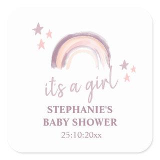 Rainbow  Boho It's a Girl Baby Shower  Square Stic Square Sticker