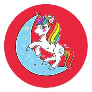 Rainbow Celestial Blue Moon & Stars Unicorn Classic Round Sticker