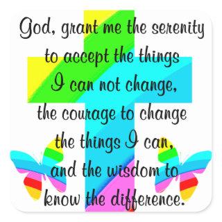 RAINBOW CROSS AND BUTTERFLY SERENITY PRAYER DESIGN SQUARE STICKER