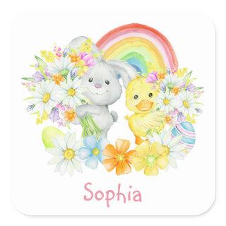 Rainbow Easter Bunny and Chick Square Sticker