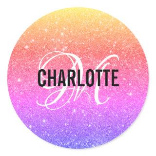 Rainbow Glitter Monogram Name   Classic Round Sticker