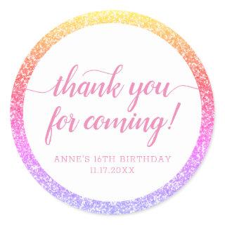 Rainbow Glitter Thank You For Coming Birthday Classic Round Sticker