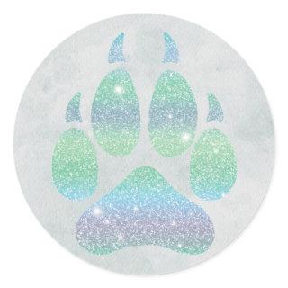 Rainbow Glitters Wolf Paw Trendy Girly Classic Round Sticker